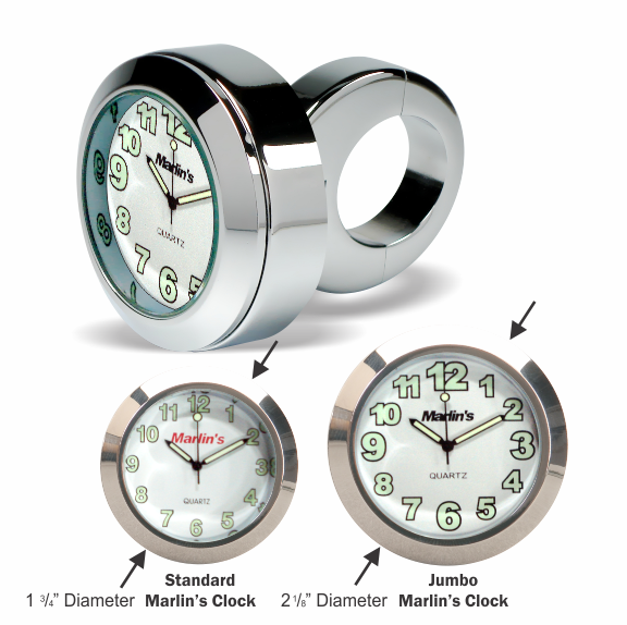 Marlin's Chrome Motorcycle Clock Limited Edition JUMBO Classic Adjustable Ring Style Handlebar Mount with Radiant White Face